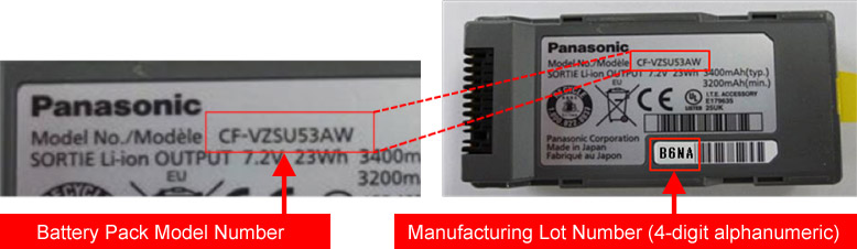Battery Pack Model Number / Manufacturing Lot Number (4-digit alphanumeric)
